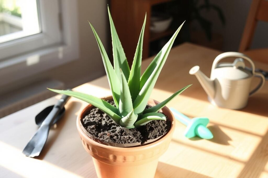 What should I do after repotting my aloe vera plant