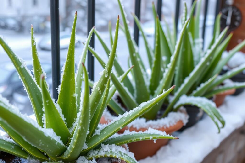 What temperature is too cold for an aloe vera plant on a balcony